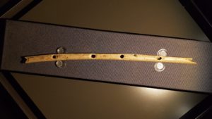 This pre-historic flute from the Hohle Fels cave is a 40.000 year old music instrument made out of poultry bones. The flute was excavated at the cave "Hohle Fels" at the southern foot of the Swabian Alb in Germany. The flute belongs to the oldest music instruments worldwide and is one example of similar findings in the region which mark the oldest known creative works of early humans.