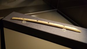 This pre-historic flute from the Hohle Fels cave is a 40.000 year old music instrument made out of poultry bones. The flute was excavated at the cave "Hohle Fels" at the southern foot of the Swabian Alb in Germany. The flute belongs to the oldest music instruments worldwide and is one example of similar findings in the region which mark the oldest known creative works of early humans.