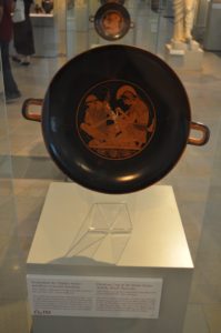 Signatures on Greek pottery can be linked to early branding activities. According to Phoca and Valavanis (1992) there used to be a high competition between potteries which led them to the idea to distuingusih themselves from others e.g. via their signature or even forerunners of advertising claims. The picture above shows a signature on a drinking cup of the potter Sosias from approx. 500 BC found in Vulca, Italy and is on display at the "Neues Museum" in Berlin, Germany.