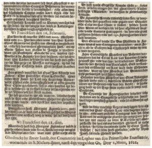 Image of the oldest newspaper advertisment in the dutch newspaper Jansz’ Tydinghen uyt Verscheyde Quartieren from 1626