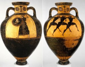 An early form of branding was invented by ancient Greek potters who placed their signatures on their products e.g. vases, drinking cups, plates, etc. in order to distuingusih themselves from their competitors. The earliest signatures were found on Corinthian pottery from the early 6th century. The example shown in the enclosed picture shows a vase signed by the potter Nikias. The letters translate in "Nikias made me". The images on the vase shows the goddess Athena with another inscription which translates in "One of the prizes from Athens". On the other side of the vase a footrace of men is shown with the inscription that translates to "stadion race of men" from the Panathenaic festival in Athens where such amphoras were given to winners of certain contests and also included olive oil from sacred groves e.g. from Attica. This amphora belongs to the collection of The Metropolitan Museum of Art in New York and is dated between 566 and 550 B.C.