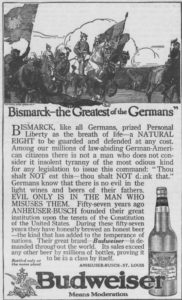 Budweiser ad Bismarck - The Greatest of the Germans in Goodwin's Weekly: A Thinking Paper for Thinking People (Salt Lake City, UT), May 16, 1914, Page 14, Image 14, col. 1-2. Library of Congress