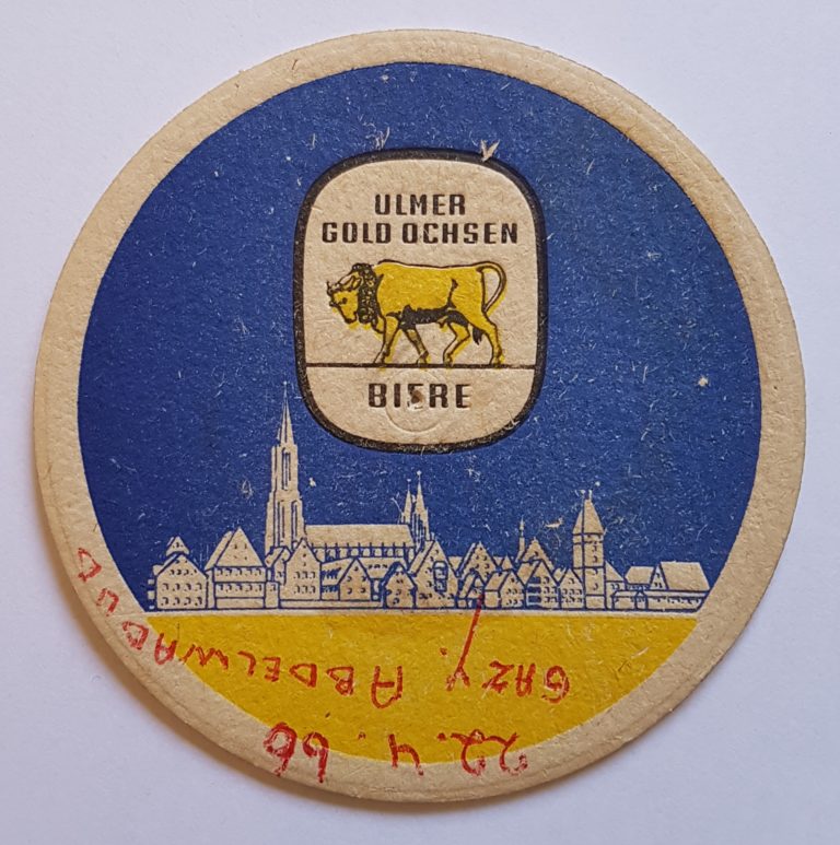 Gold Ochsen Brewerie Coaster Front Ulm Germany from 1966