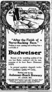 Ad: After the finish of a nerve racking race. Nothing is more quieting and soothing than a cool bottle of Budweiser
